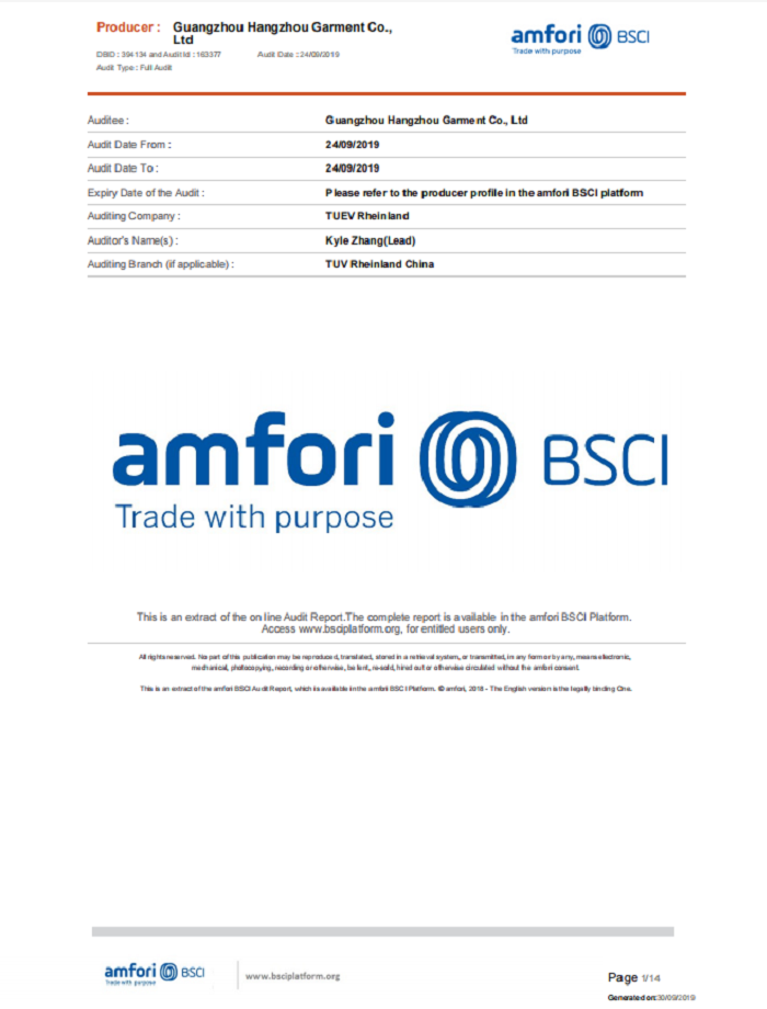 BSCI certificate of Hangzhou Garment