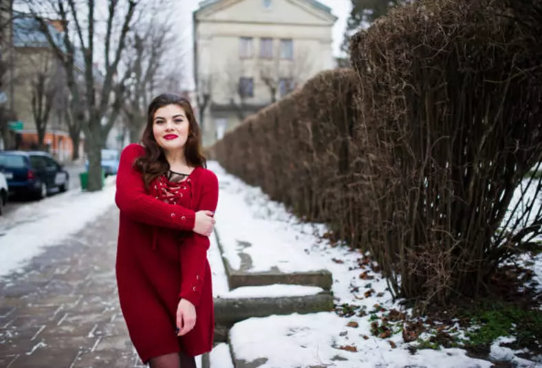 girl in red midi dress