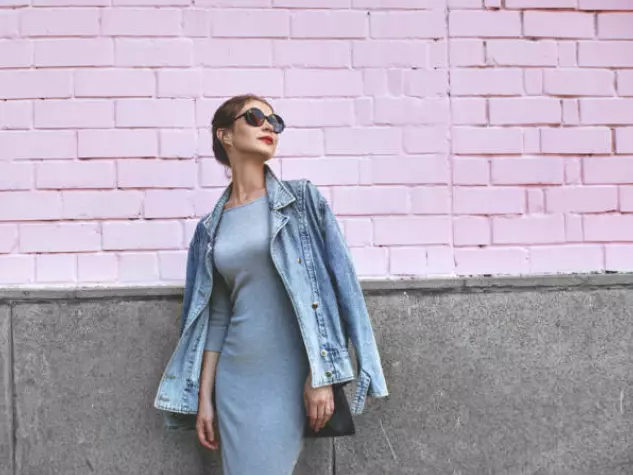 girl in gray midi dress