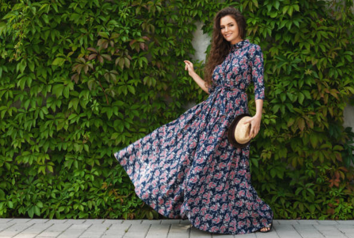 girl in patterned long midi dress