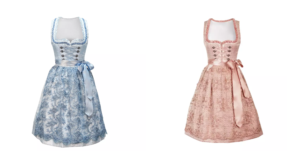 a blue and a pink dirndl dress