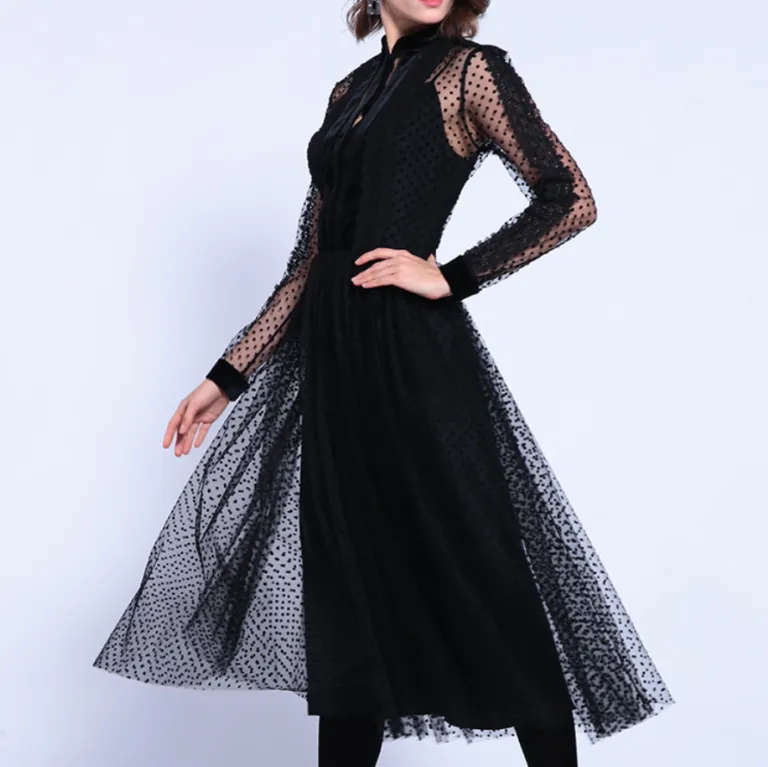 Evening Dresses With Sexy Polka Dot Print Dress With Sheer Sleeves