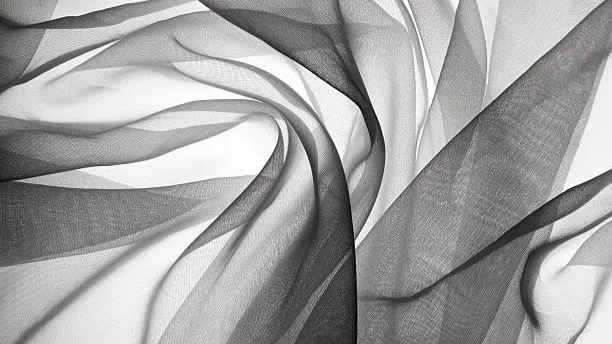 Black and white closeup of flowing sheer chiffon fabric with delicate folds and texture